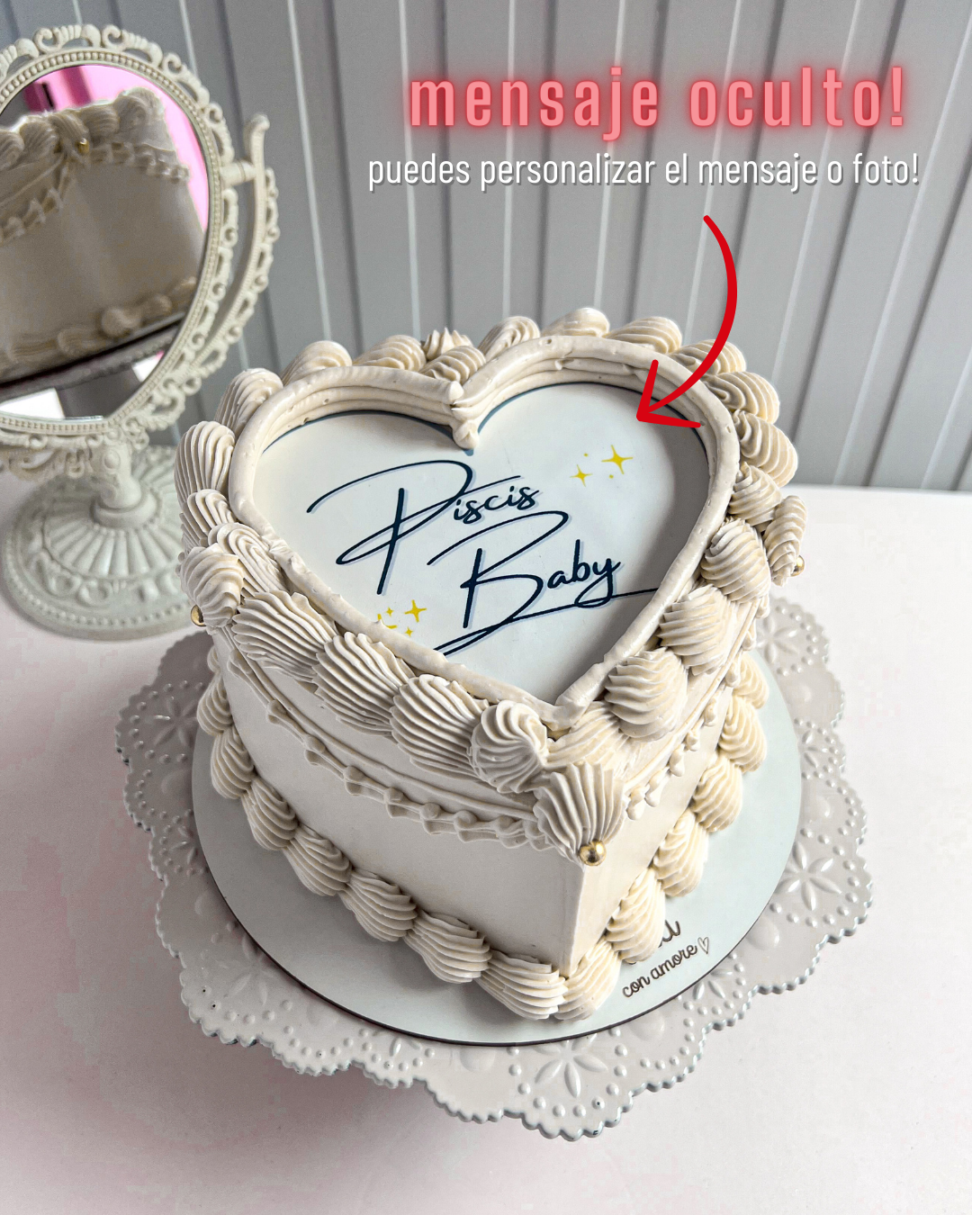 BURNING CAKE - Corazón Blanco con Lazos Negros y Perlas