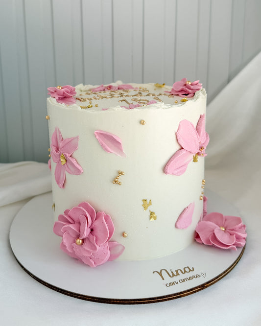 FLOWERS CAKE- Flores en Crema Rosado y Dorado