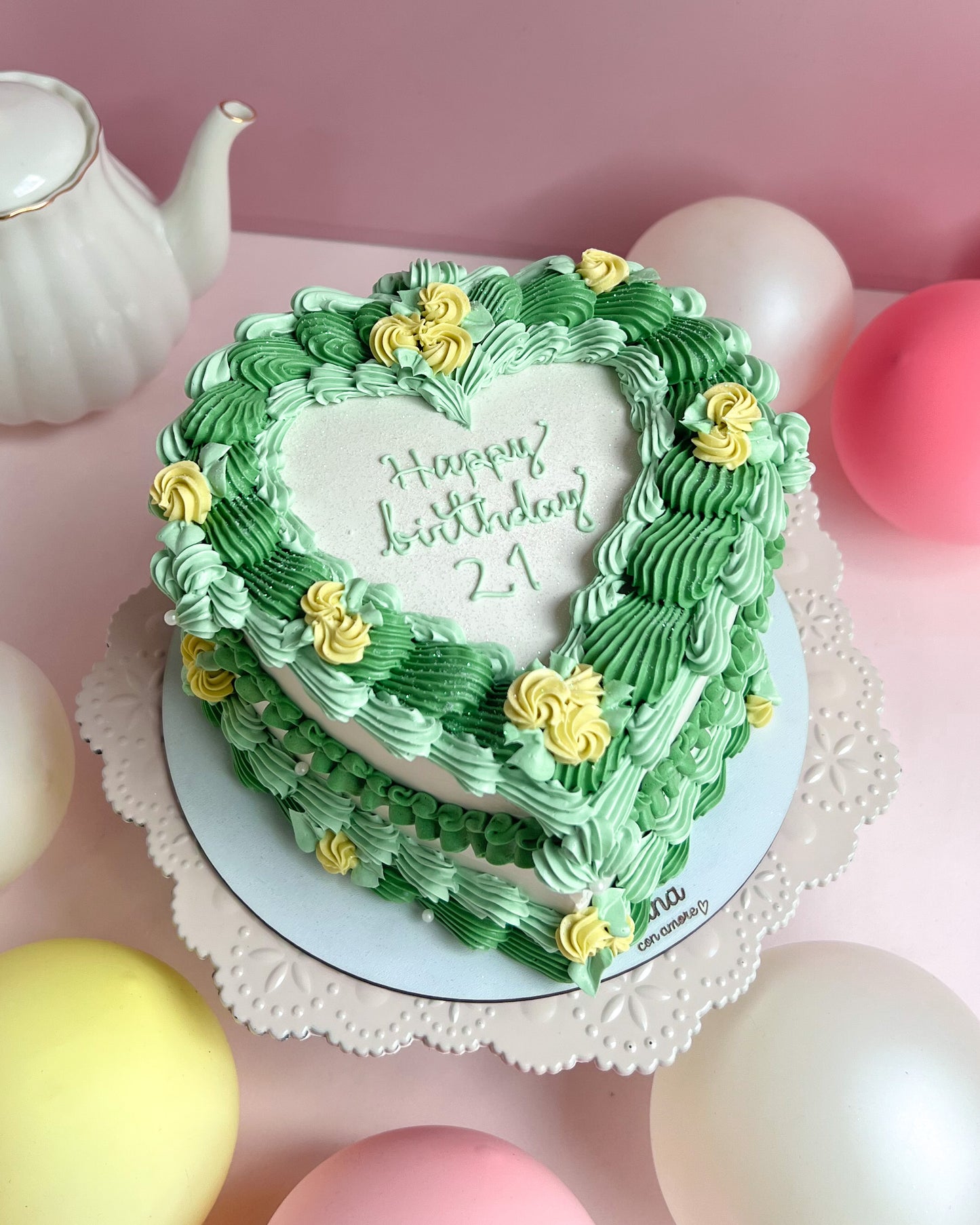 CORAZÓN VINTAGE - Tonos verdes + flores amarillas