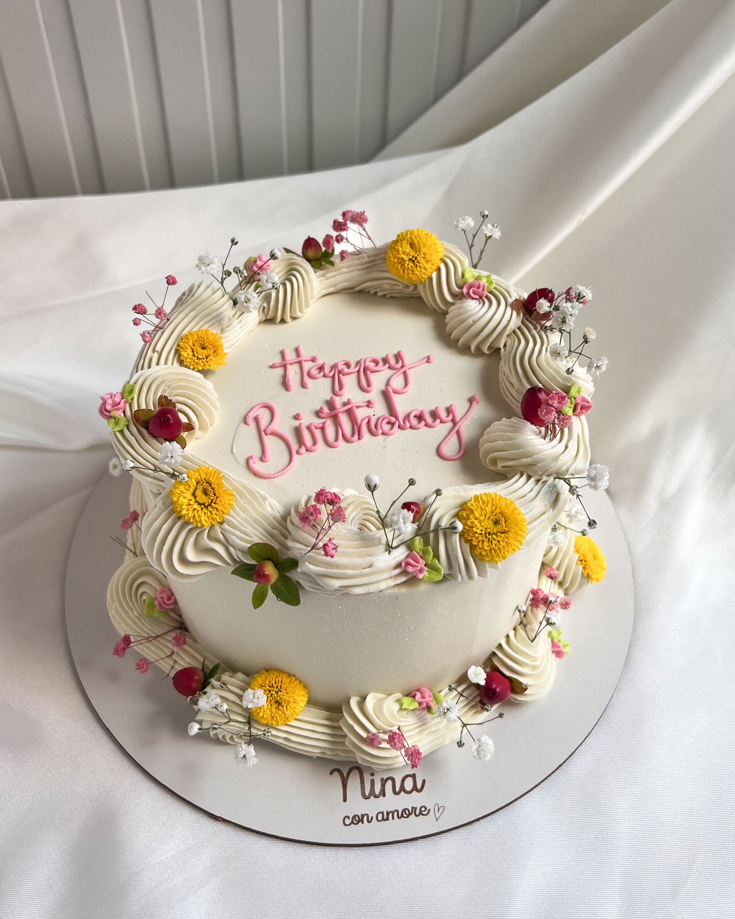 BOHO CAKE REDONDA BLANCA - Flores Amarillas