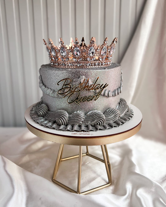 BIRTHDAY QUEEN CAKE PLATEADA - Corona Dorada