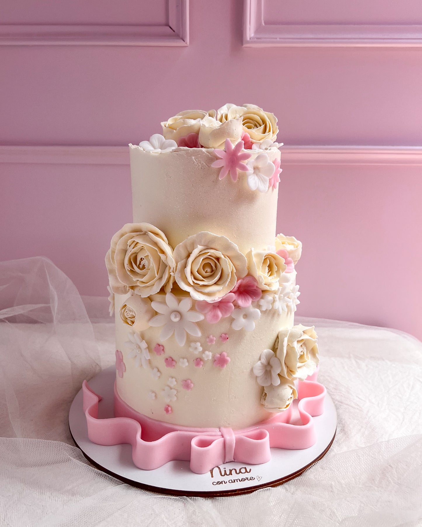 ROSETAS Y LAZO CAKE - Tonos Rosados