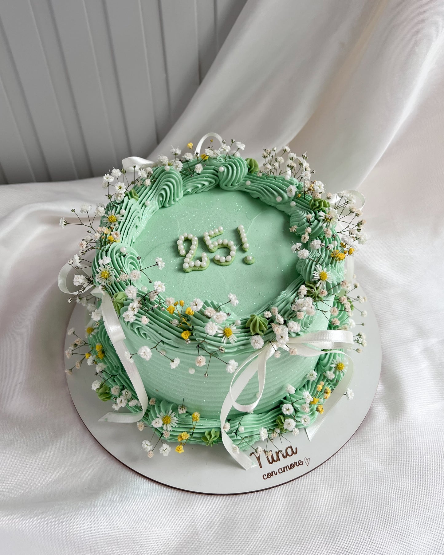 BOHO CAKE REDONDA VERDE MENTA - Lazos + Perlas