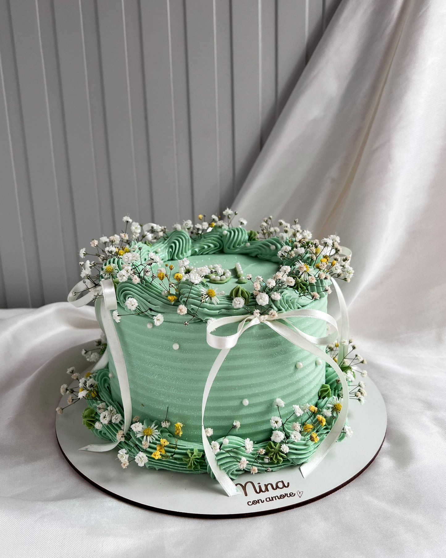 BOHO CAKE REDONDA VERDE MENTA - Lazos + Perlas