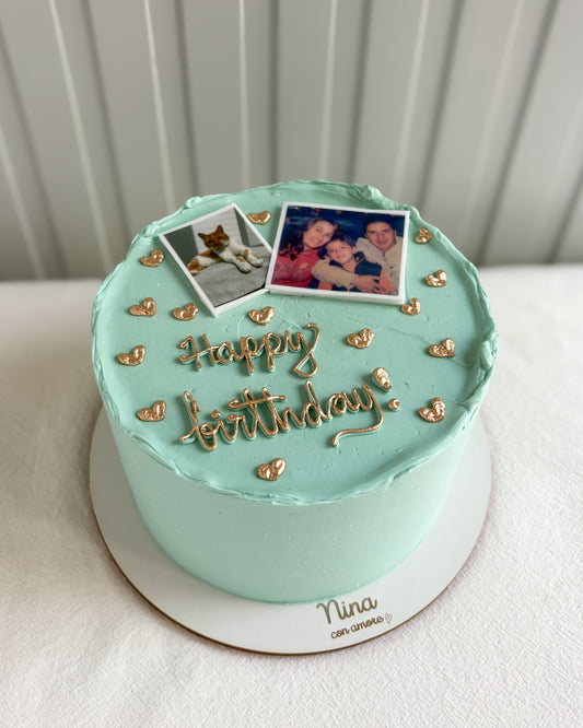 POLAROIDS CAKE AZUL CLARO - Fotos + Corazoncitos Dorados