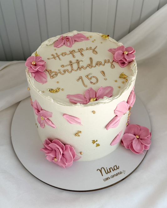FLOWERS CAKE- Rosado y Dorado
