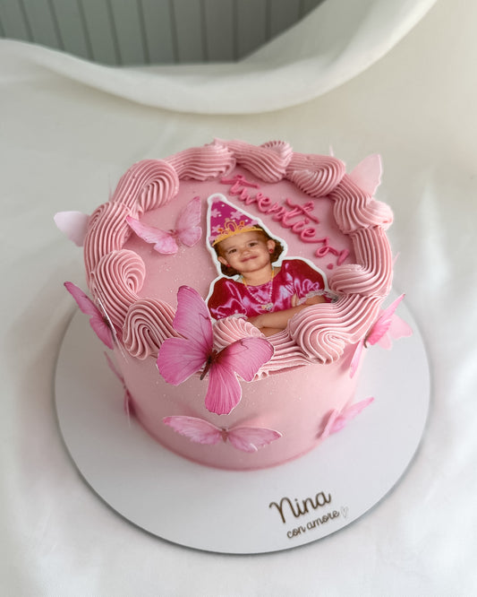MEMORY CAKE Foto con Gorrito - Mariposas rosadas