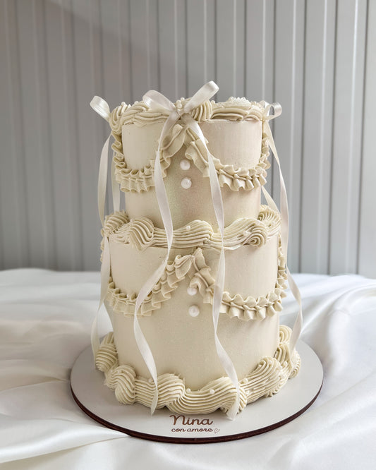 VINTAGE CAKE 2 Pisos - All White Lazos y Perlas