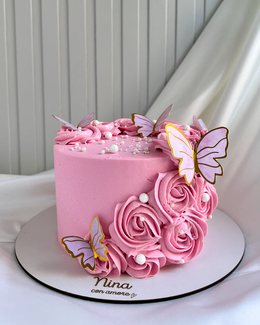 CAKE PINK ROSETAS Y MARIPOSAS  - Perlas Plateadas