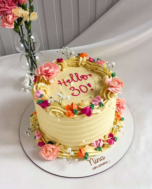 BOHO CAKE REDONDA AMARILLA - Flores Naturales y en Crema