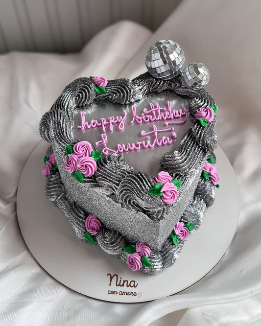 GLITTER SELFIE HEART PLATEADA - Disco Balls + Flores en Crema