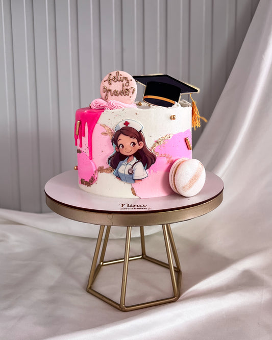 GRADUATION CAKE ENFERMERA - Macarons Rosados