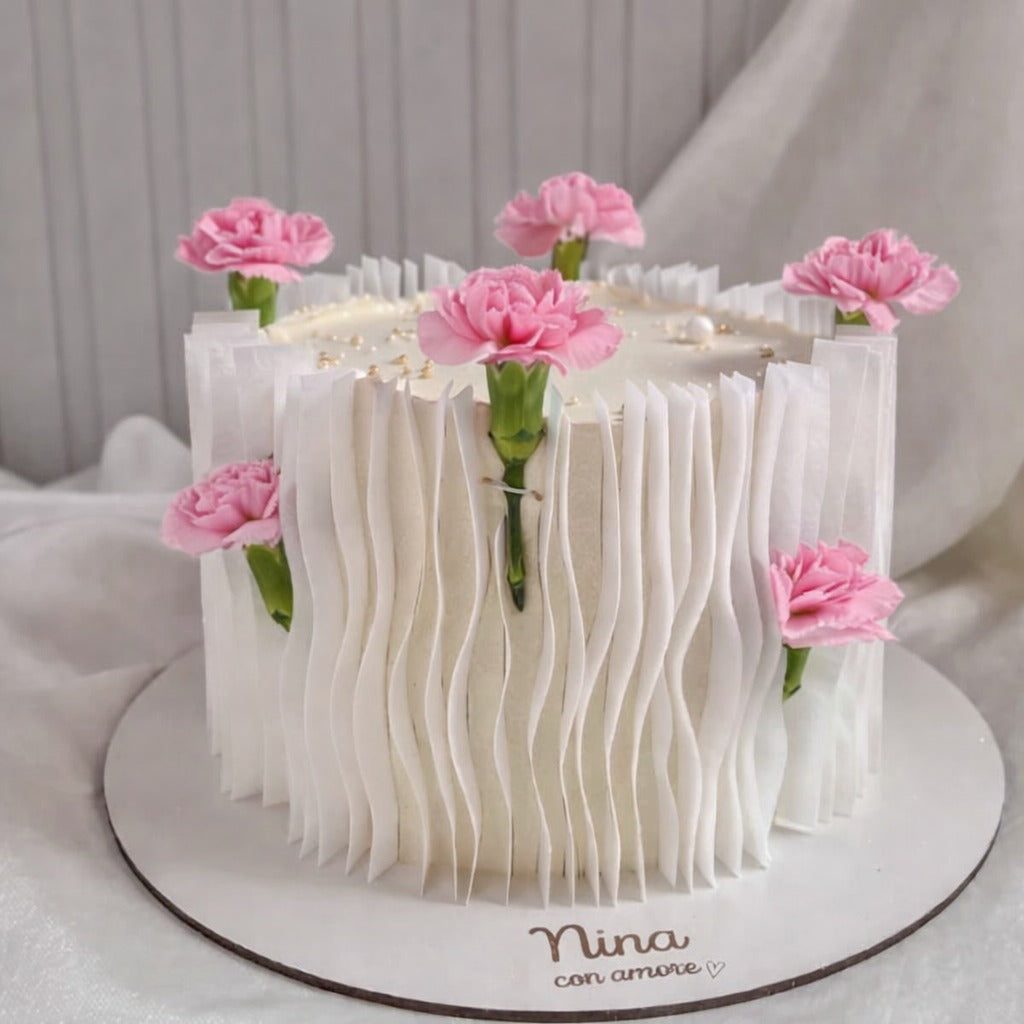 WAFER PAPER CAKE BLANCA CON FLORES ROSADAS - Papel comestible